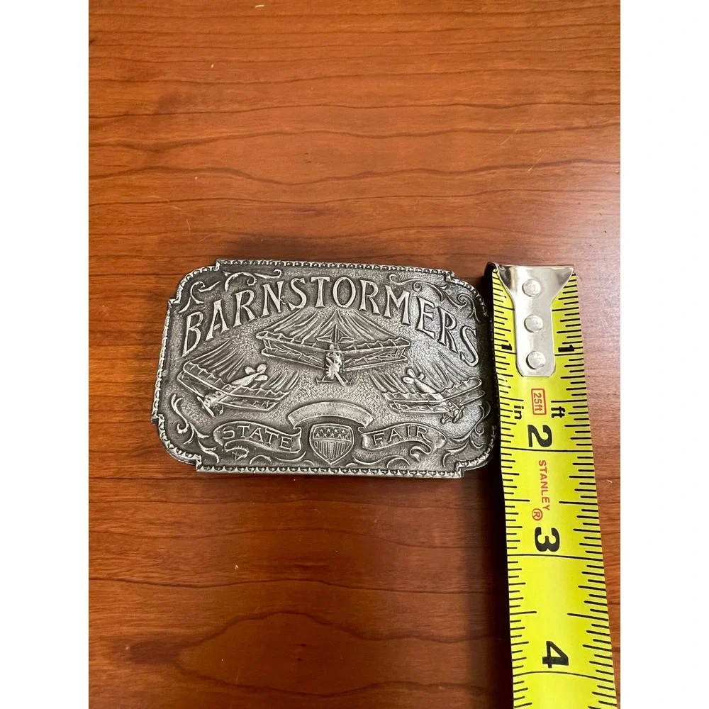 Vintage Barnstormers State Fair Belt Buckle Aviation Biplane Pewter Tone S-39